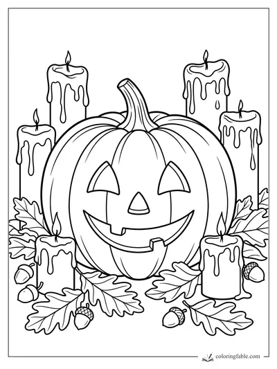 Realistic jack-o’-lantern with six dripping candles, oak leaves, and acorns for Halloween coloring