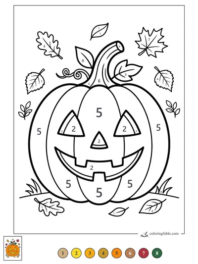 Smiling Jack-o'-Lantern with Falling Leaves — color by number