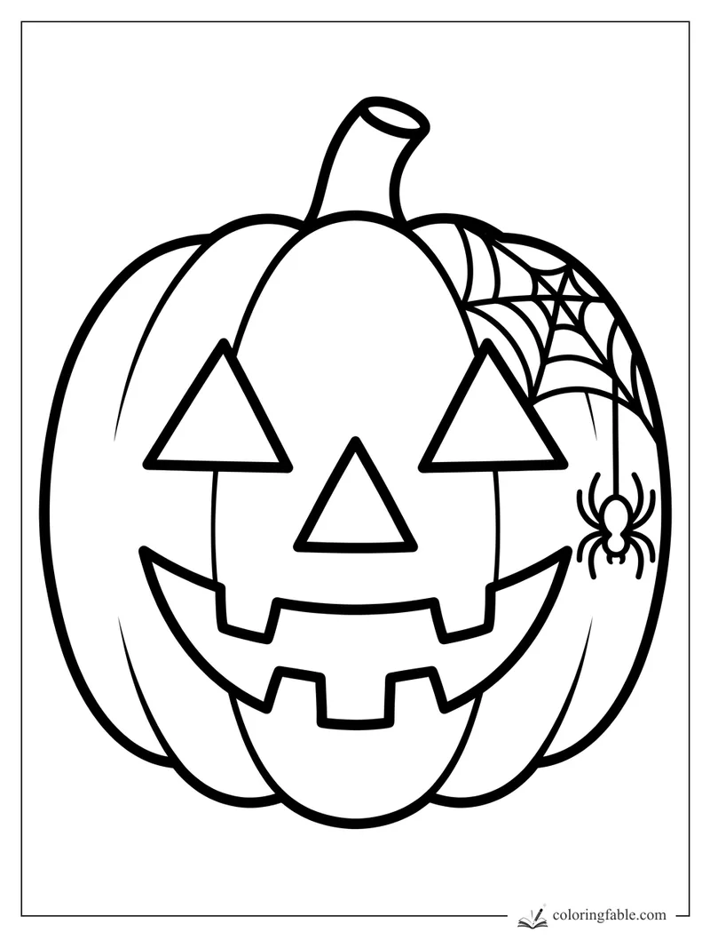 Easy jack-o'-lantern coloring page with triangle eyes, big smile, spider web, and dangling spider.