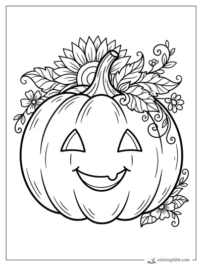Floral jack-o'-lantern with triangle eyes, a curved stem, sunflowers, leaves, and curling vines