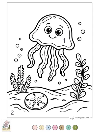Smiling Jellyfish Above a Sand Dollar — color by number