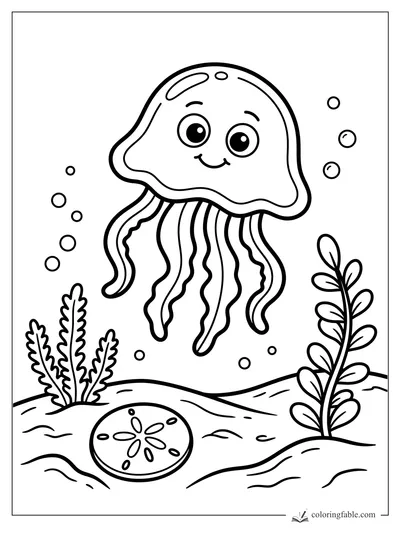 Cartoon jellyfish smiling over a sand dollar, sea plants, bubbles, and wavy ocean sand.