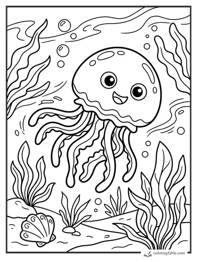 Cartoon smiling jellyfish with long tentacles, bubbles, seaweed, and a scallop shell underwater.