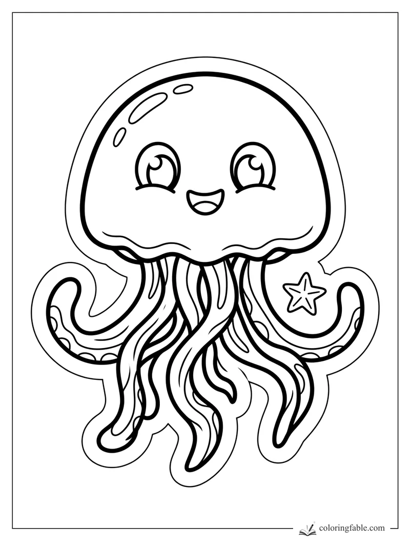 Cute sticker-style jellyfish with big eyes, wavy tentacles, and a small star charm.