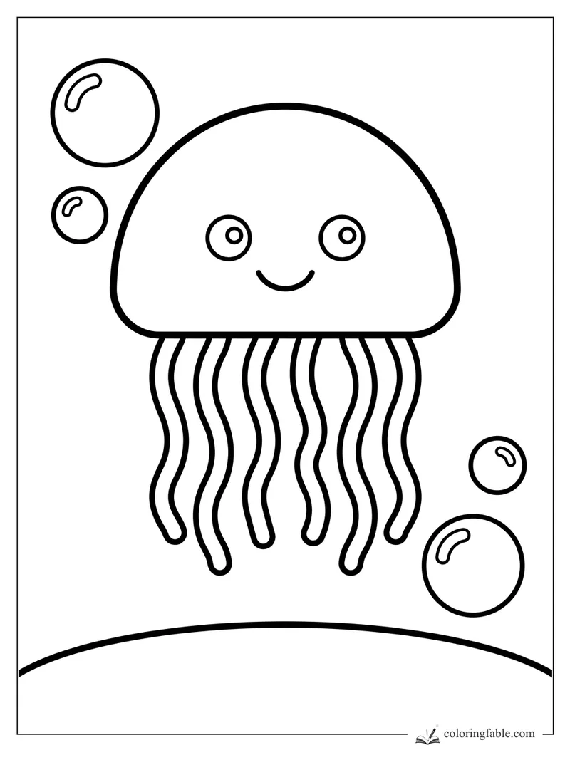 Easy coloring page of a smiling jellyfish with wavy tentacles, four bubbles, and a curved seafloor line.