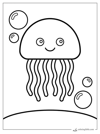 Easy coloring page of a smiling jellyfish with wavy tentacles, four bubbles, and a curved seafloor line.