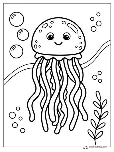 Cute smiling jellyfish coloring page with wavy tentacles, bubbles, and seaweed for toddlers