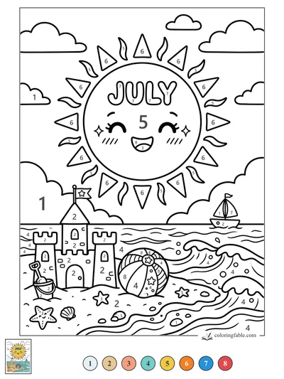 Smiling July Sun Over Sandcastle Beach — color by number