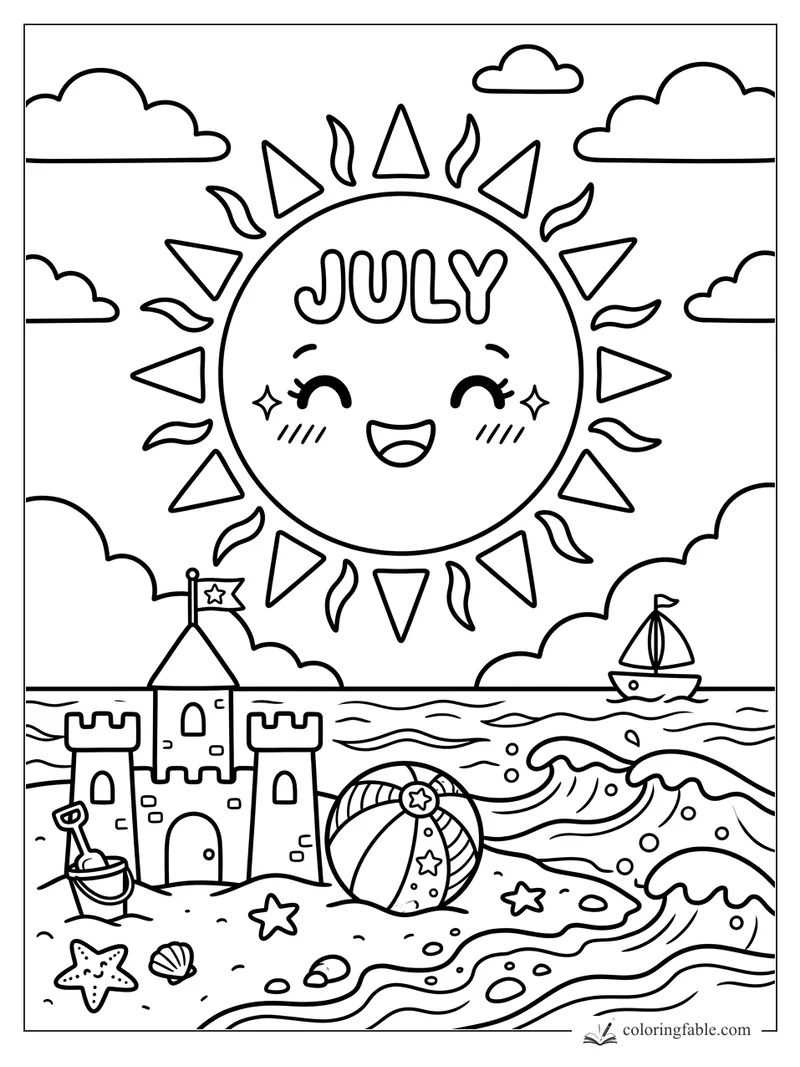 Kawaii July sun over a beach with sandcastle, ball, sailboat, waves, clouds, stars, and shells