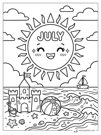 Kawaii July sun over a beach with sandcastle, ball, sailboat, waves, clouds, stars, and shells