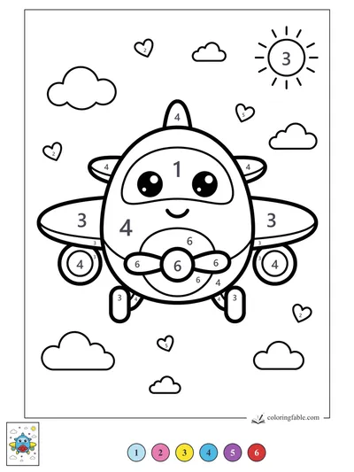 Smiling Kawaii Airplane in a Sunny Sky — color by number
