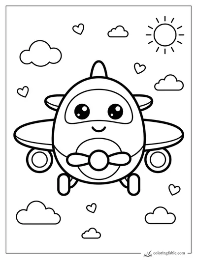 Kawaii airplane with big eyes, propeller, clouds, hearts, and sun coloring page