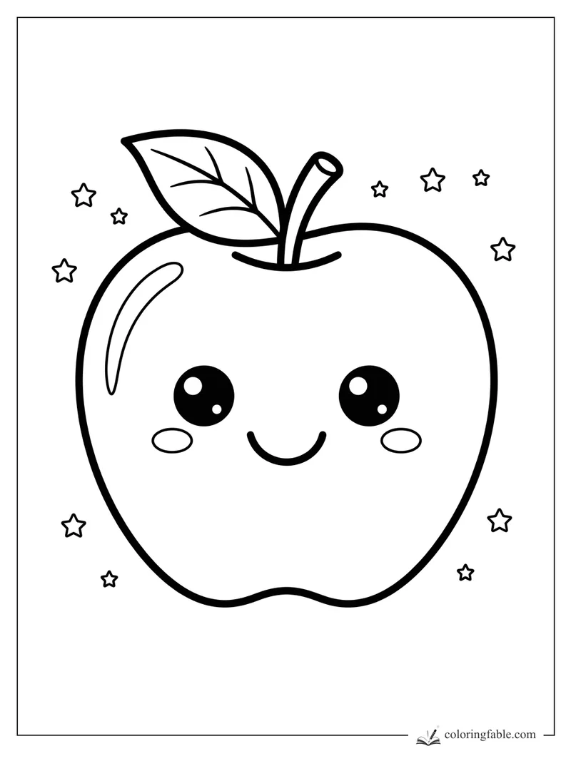 Kawaii apple coloring page with smiling face, leaf, stem, cheeks, and tiny stars