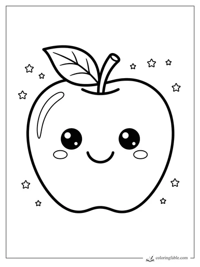 Kawaii apple coloring page with smiling face, leaf, stem, cheeks, and tiny stars