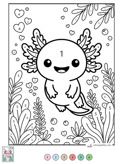 Smiling Kawaii Axolotl in a Heart-Filled Pond — color by number