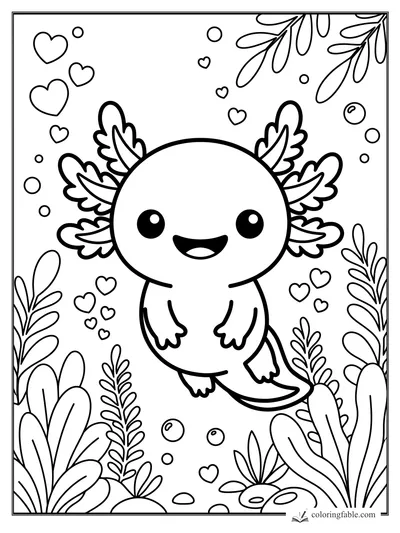 Kawaii axolotl smiling underwater with feathery gills, bubbles, hearts, and pond plants to color