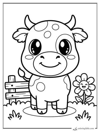 Kawaii calf with big eyes, spots, fence, grass, and a smiling flower on a farm coloring page