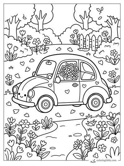 Kawaii car with heart decals and flowers in the window driving through a garden path.