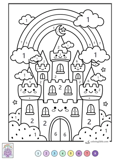 Smiling Kawaii Castle Under a Rainbow — color by number