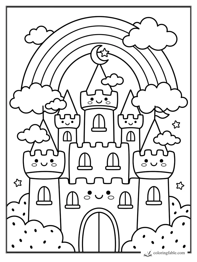 Kawaii castle coloring page with smiling towers, rainbow, clouds, crescent moon, and stars.
