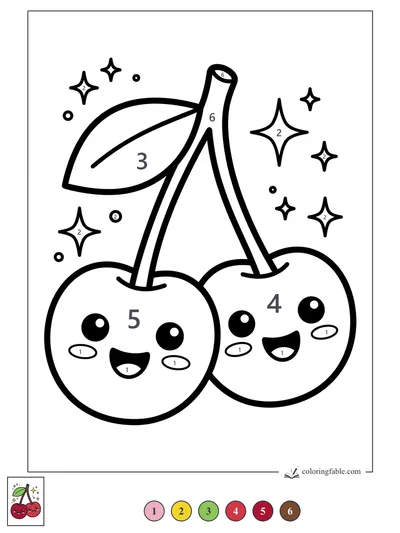 Smiling Kawaii Cherries with Sparkles — color by number