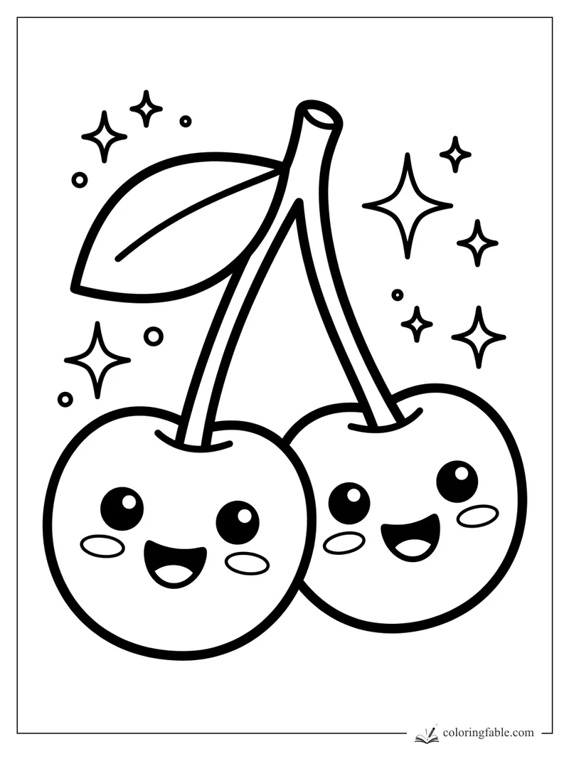 Kawaii cherry pair with smiling faces, long stems, one leaf, and star sparkles to color