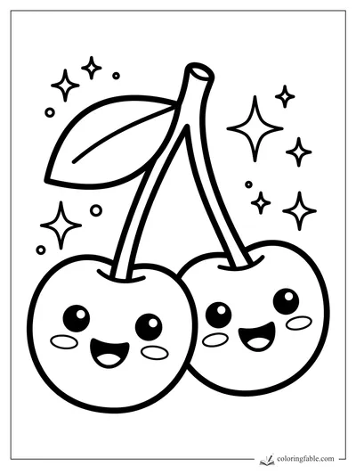 Kawaii cherry pair with smiling faces, long stems, one leaf, and star sparkles to color