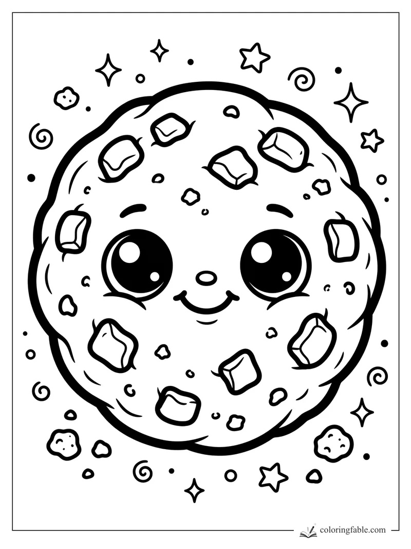 Kawaii chocolate chip cookie with big eyes, smile, sprinkles, stars, dots, and swirl doodles.
