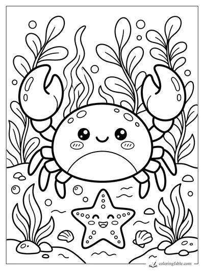 Kawaii crab with raised claws, seaweed, bubbles, shells, and smiling starfish under the sea