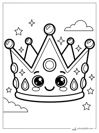 Kawaii crown coloring page with big shiny eyes, round jewels, stars, and clouds.