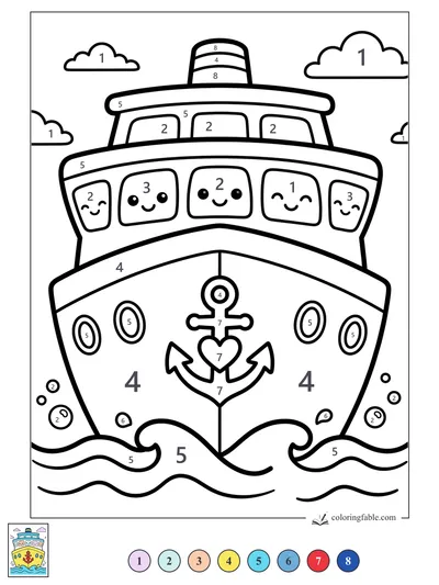 Smiling Kawaii Cruise Ship with Anchor — color by number