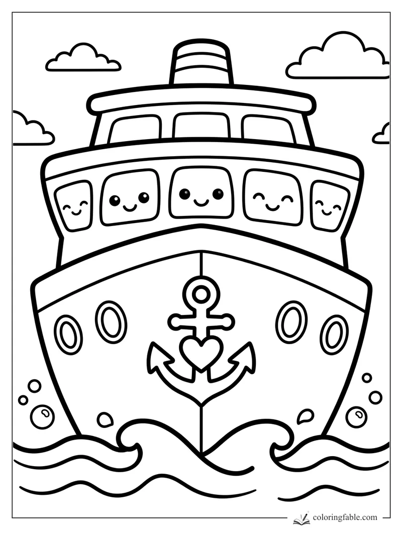 Kawaii cruise ship with smiling windows, anchor on bow, waves, bubbles, and clouds