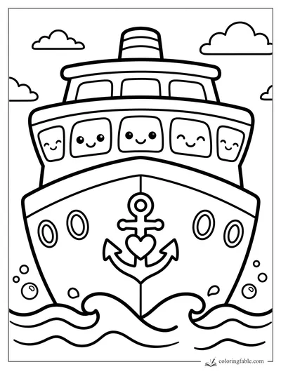 Kawaii cruise ship with smiling windows, anchor on bow, waves, bubbles, and clouds