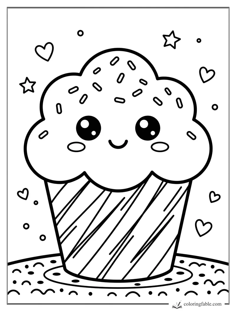 Kawaii cupcake with big shiny eyes, sprinkled frosting, hearts, stars, and a patterned plate.