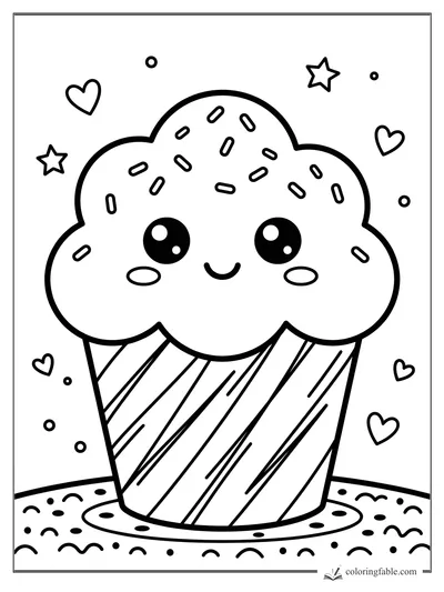 Kawaii cupcake with big shiny eyes, sprinkled frosting, hearts, stars, and a patterned plate.