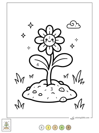 Smiling Kawaii Daisy on a Pebbly Mound — color by number