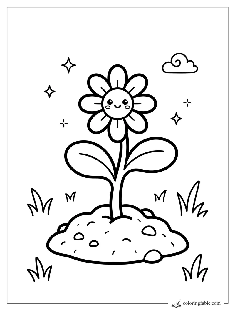 Kawaii daisy with a smiling face, two leaves, grass tufts, sparkles, and a curly cloud.