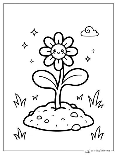 Kawaii daisy with a smiling face, two leaves, grass tufts, sparkles, and a curly cloud.