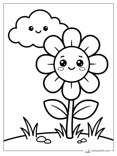 Kawaii daisy with round petals, smiling cloud, leaves, grass tufts, and small pebbles coloring page