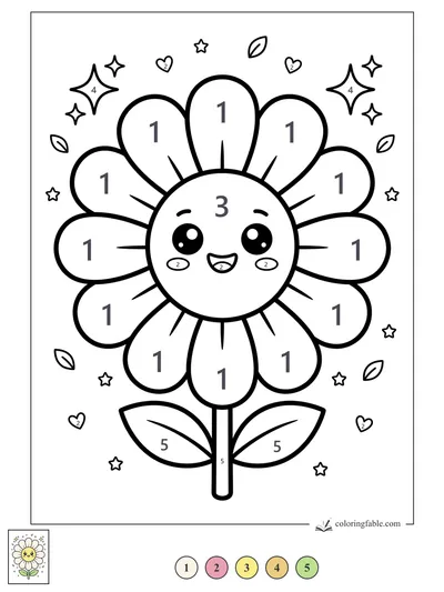 Smiling Kawaii Daisy with Hearts and Sparkles — color by number