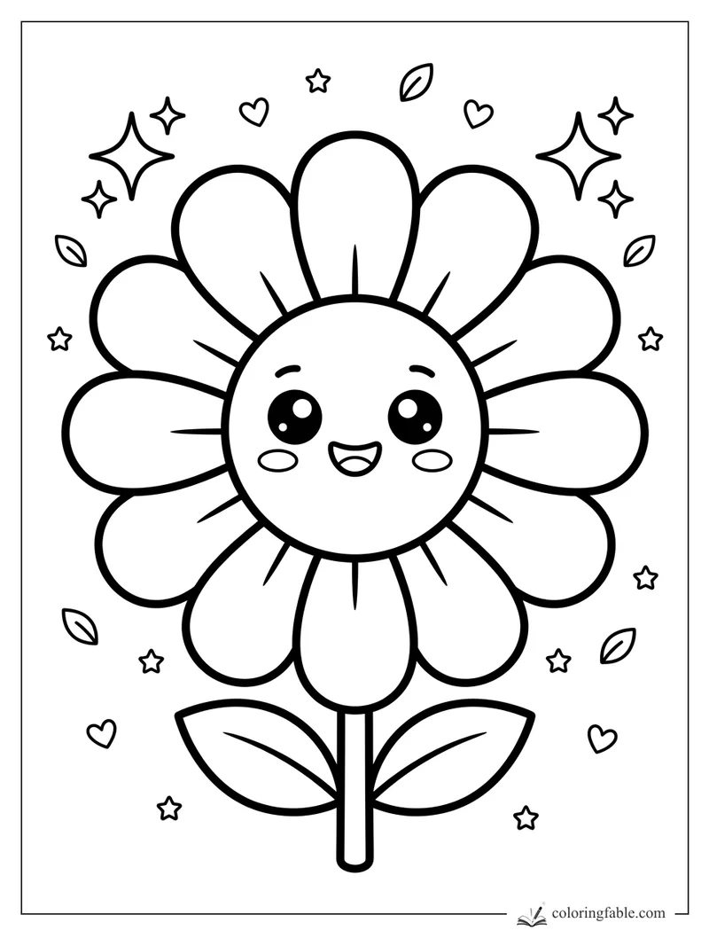 Kawaii daisy coloring page with smiling face, rounded petals, leaves, hearts, stars, and tiny floating leaves.