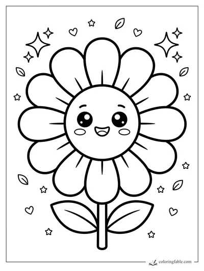 Kawaii daisy coloring page with smiling face, rounded petals, leaves, hearts, stars, and tiny floating leaves.