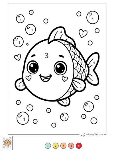 Smiling Kawaii Fish with Heart Cheeks — color by number