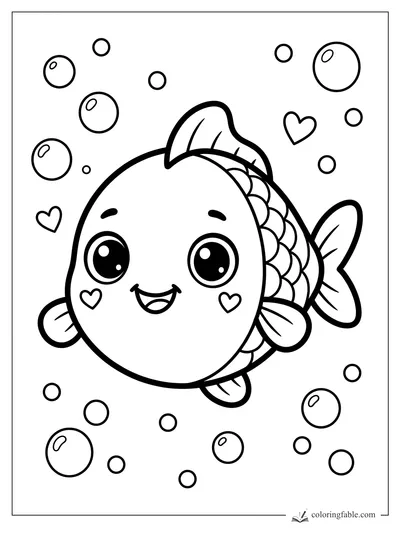 Kawaii fish coloring page with heart cheeks, big eyes, bubbles, and small hearts.
