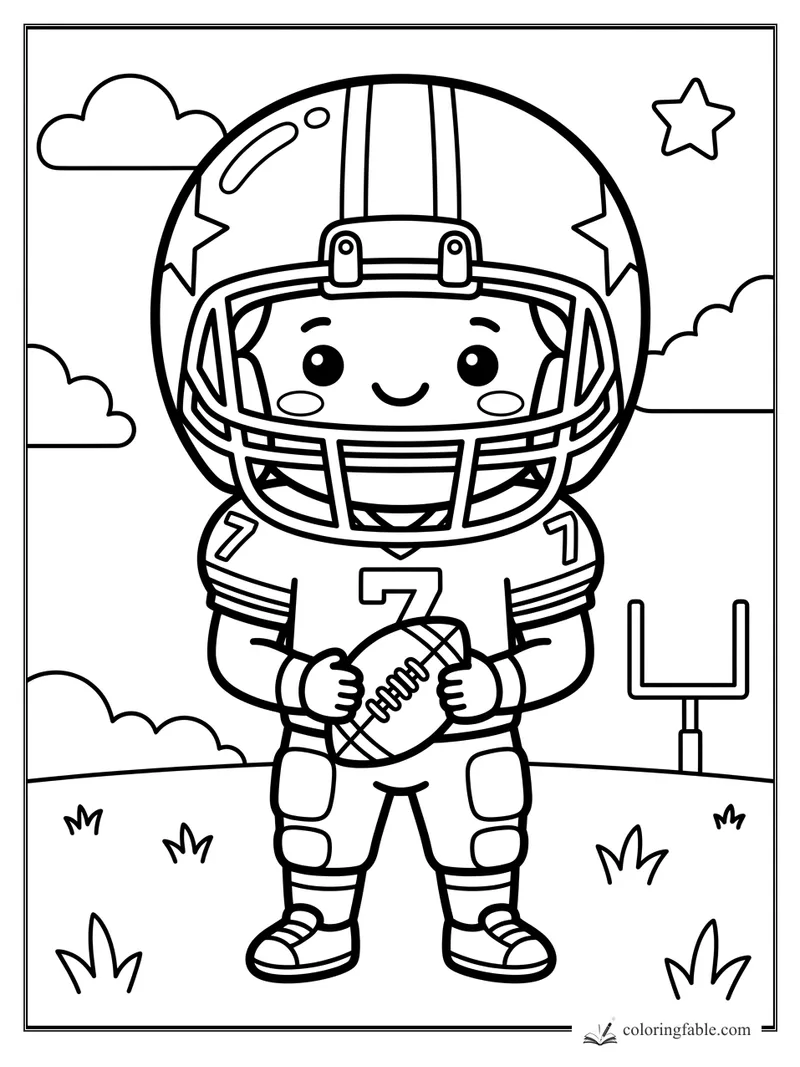 Kawaii football player in a number 7 uniform holding a football on a field with goalpost, clouds, and star.