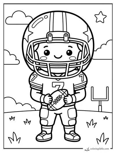 Kawaii football player in a number 7 uniform holding a football on a field with goalpost, clouds, and star.