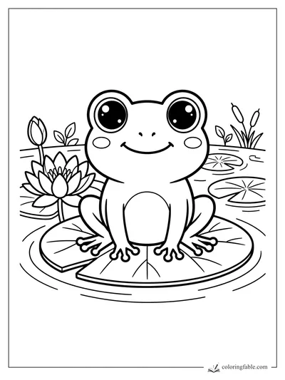 Cute big-eyed frog smiling on a lily pad with lotus flowers, cattails, and pond ripples
