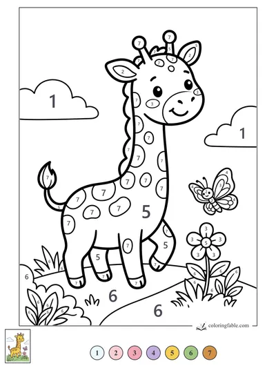 Smiling Kawaii Giraffe with Butterfly — color by number
