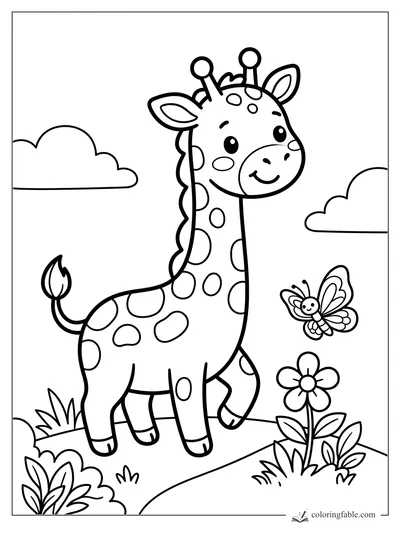 Kawaii giraffe smiling beside a butterfly, flower, clouds, grass, and leafy bushes coloring page