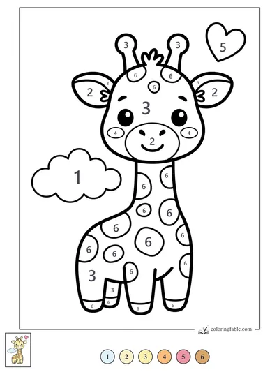 Smiling Kawaii Giraffe with Heart and Cloud — color by number
